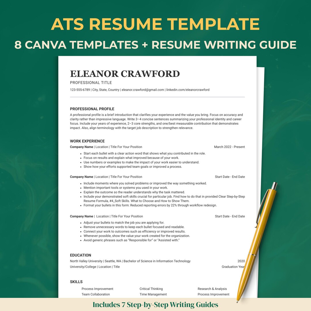 ATS Resume Template Canva, 8 Templates + 7 Resume Writing Guides, CV ...