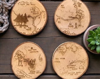 Hundred acre wood burned coaster set