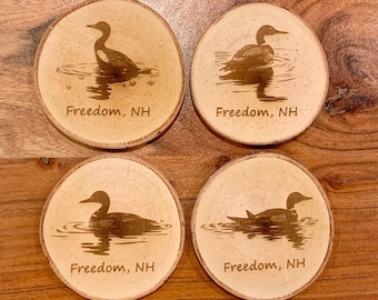 Custom loon wood burned coaster set