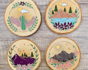 Mountain wood burned coaster set