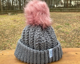 Crocheted Gray Beanie with Pink Pom