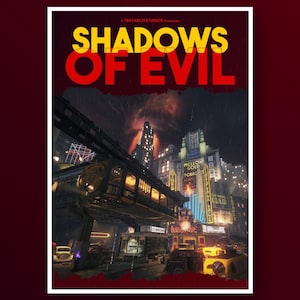 以下が含まれることがあります： 「Shadows of Evil」というタイトルのビデオゲームのカバー。黄色と赤で表示されています。背景には、モノレールとネオンサインのある都市が、暗い空を背景に描かれています。「Control」という単語が上部にあります。