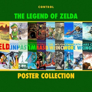 Op de afbeelding: Een postercollectie met verschillende illustraties uit de "The Legend of Zelda" videogame serie. De posters tonen verschillende speltitels en personages, met de tekst "CONTROL" en "POSTER COLLECTION".