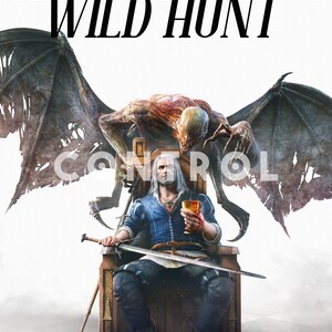 May include: The Witcher 3: Wild Hunt game cover art. A man with white hair sits on a throne, holding a sword and goblet. A creature with large wings looms behind him. The game title is displayed in red and black.