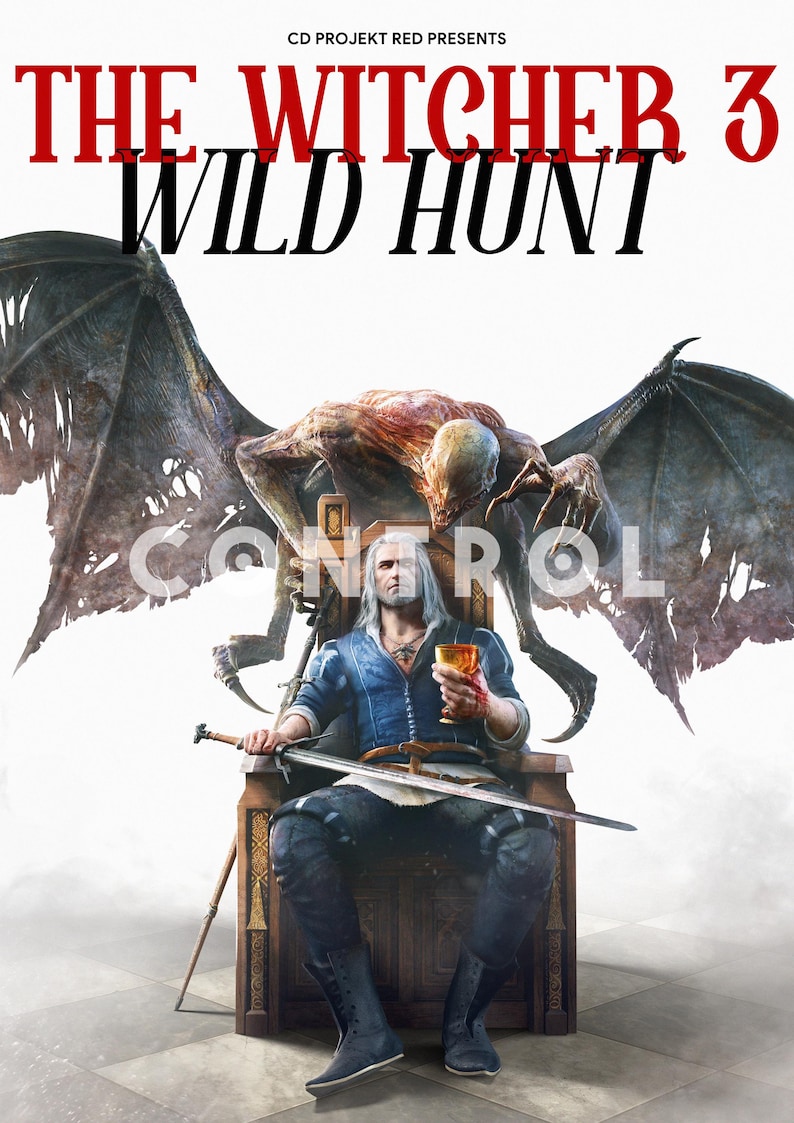 May include: The Witcher 3: Wild Hunt game cover art. A man with white hair sits on a throne, holding a sword and goblet. A creature with large wings looms behind him. The game title is displayed in red and black.