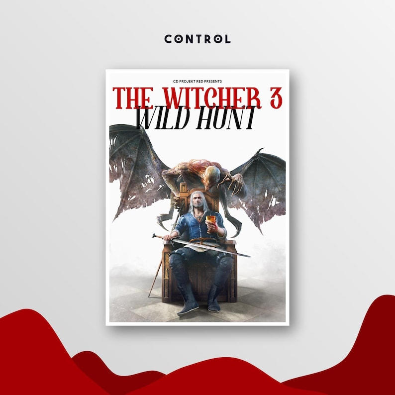 May include: The Witcher 3: Wild Hunt game cover. The cover features a man with a sword seated on a throne, with a creature behind him. The game title is in red and black text. The word "CONTROL" is at the top.