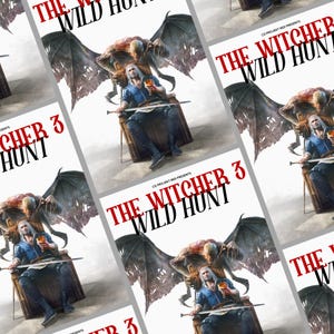 May include: Multiple copies of "The Witcher 3: Wild Hunt" game cover art. The artwork features a seated figure holding a sword and goblet, with a winged creature behind. The title text is in red and white.
