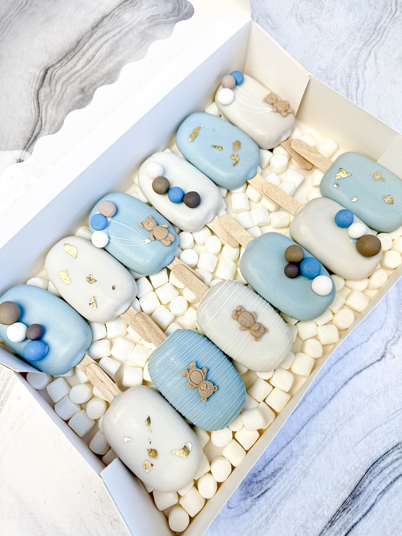 Puede incluir: Una caja de cake pops azules y blancos decorados con pan de oro, ositos de peluche y bolas azules y marrones. Los cake pops est&aacute;n en palitos de madera y est&aacute;n dispuestos en una caja blanca con malvaviscos blancos.