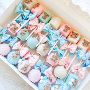Gender reveal party treats package, gender reveal cake pops, cakesicles, Rice Krispies, Oreos, marshmallows