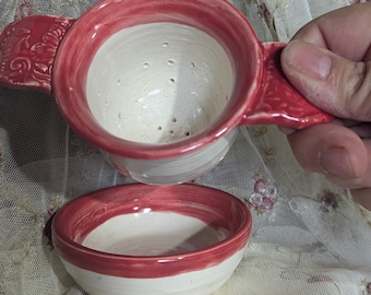 Handmade Ceramic Tea Infuser with Bowl: Red & White Pottery