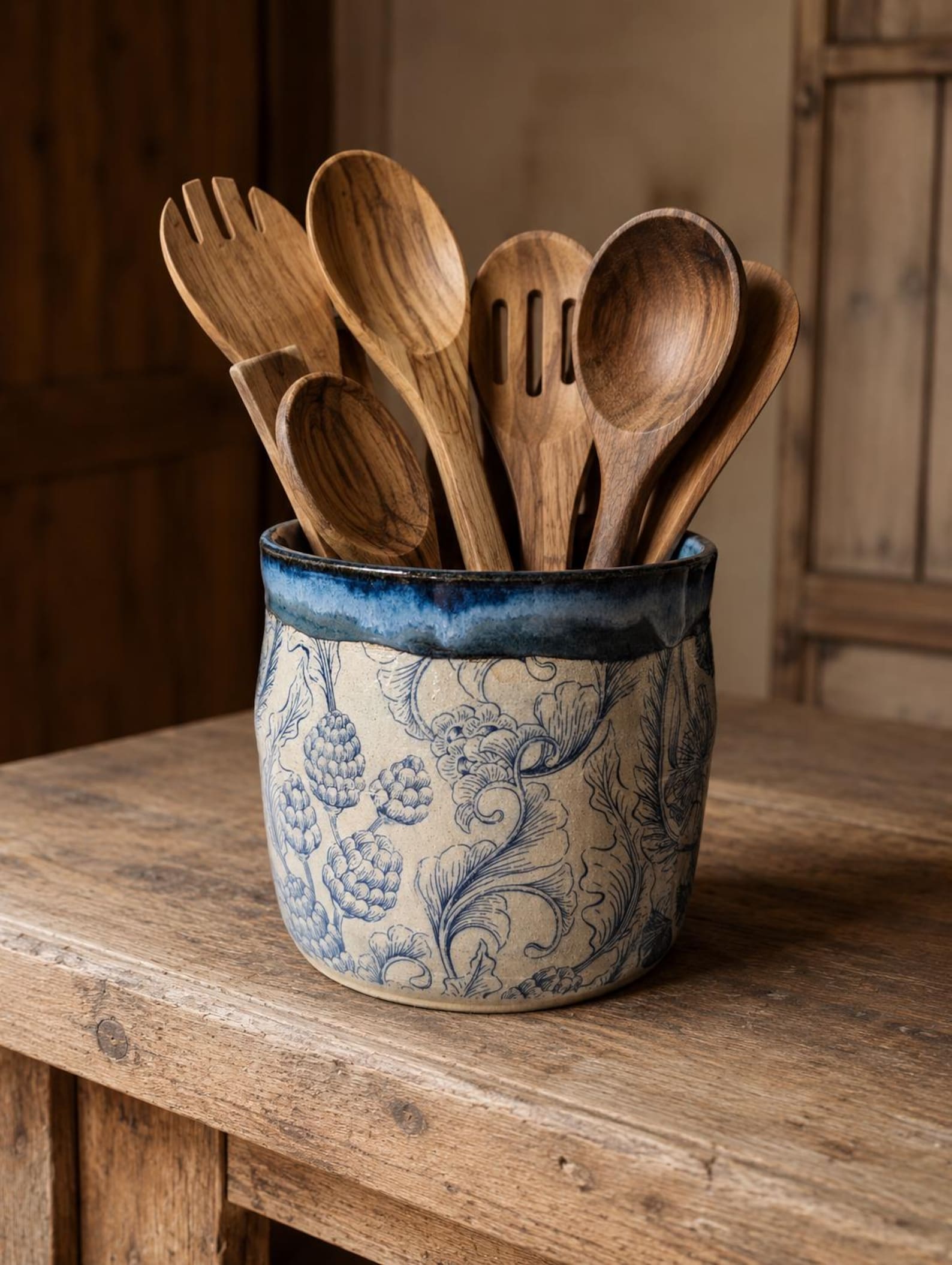 Handmade Pottery Utensil Holder | Blue and White Ceramic Crock | Rustic Farmhouse Kitchen Decor | Cottagecore Kitchen Organizer