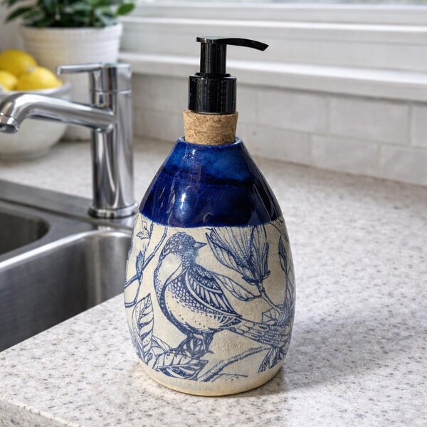 Handmade Stoneware Soap Dispenser: Blue Chinoiserie Bird Pattern, Wheel Thrown Pottery