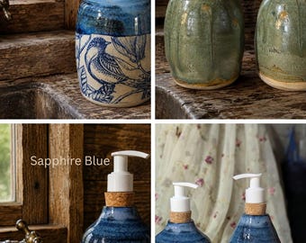 Chinoiserie blue birds, Handmade wheel thrown Stoneware Soap Dispensers. Cork top plastic dispenser pumps.