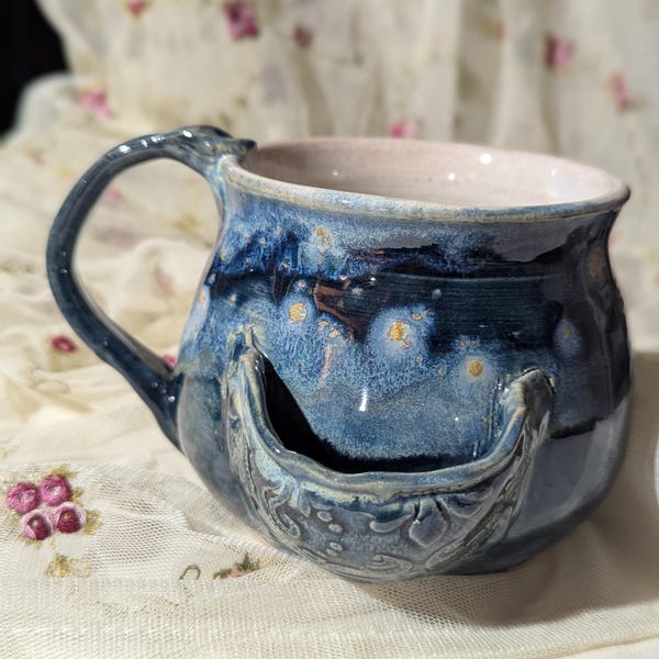 Handmade Stoneware Tea Pocket Mug: Snowstorm Glaze, Wheel Thrown, Dishwasher Safe