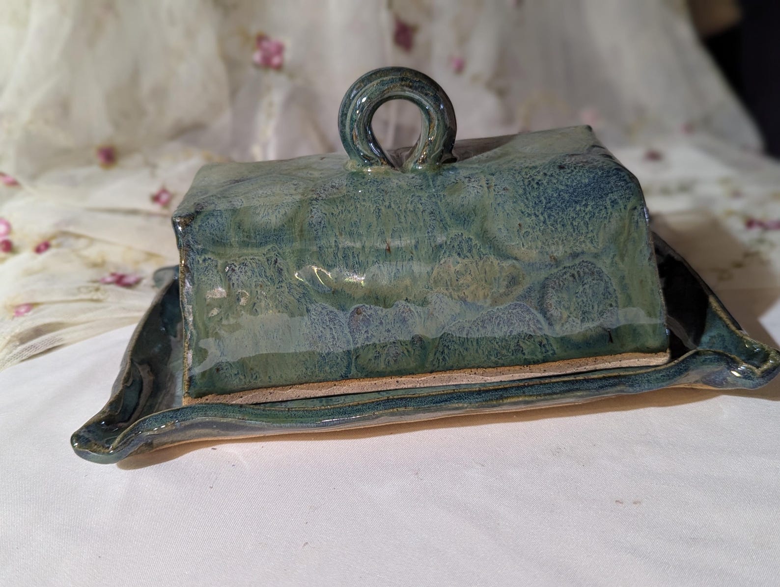 Handmade Stoneware Butter Dish holds 1 stick of butter. Green blue frozen pond pattern.