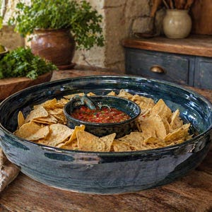 Handmade Stoneware Chip & Dip Bowl | Rustic Serving Bowl with Salsa Center | Farmhouse Entertaining Dish | Pottery Party Platter