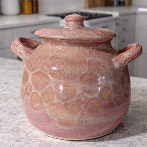 Medium sized Handmade wheel thrown pottery Small Bean Pot cooks beans in the oven for amazing baked beans, soups and more. 8 cup capacity.