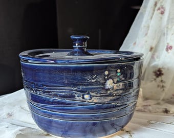Ceramic blue crystal lidded jar, casserole baker, oven safe handmade pottery jar/urn.