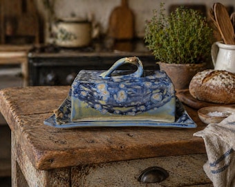 Handmade Stoneware Butter Dish holds 1 stick of butter. Dream galaxy glaze, sculpted dragonfly details