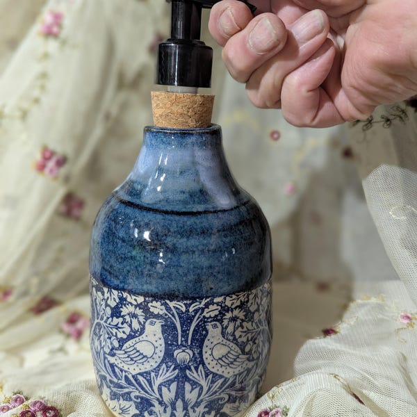 Chinoiserie blue birds, Handmade wheel thrown Stoneware Soap Dispensers. Cork top plastic dispenser pumps.