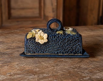 Handmade Stoneware Butter Dish holds 1 stick of butter. Sculpted floral,   sapphire Blue glaze