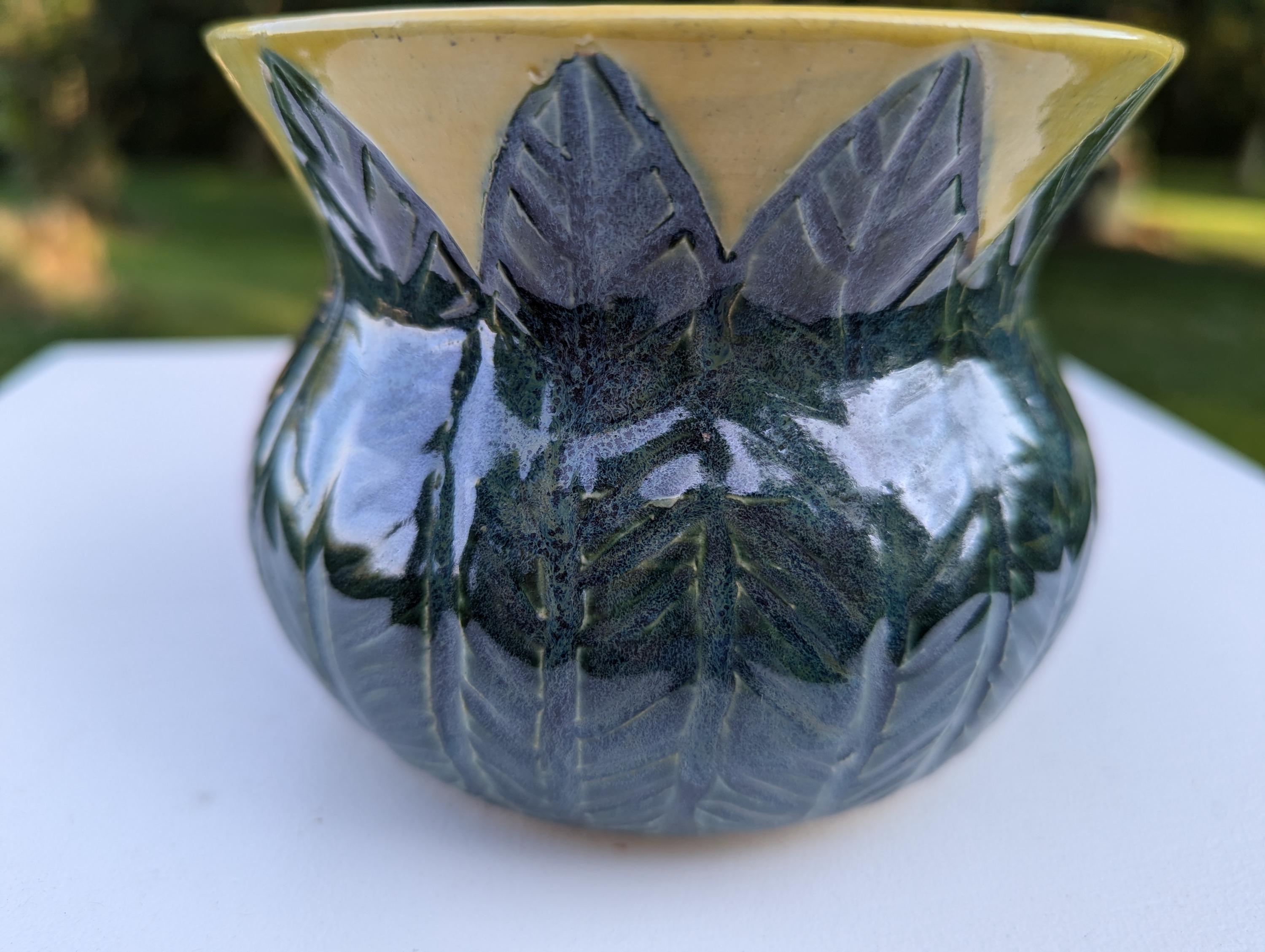 Stoneware Leaves Vase, Wheel Thrown, Hand Carved Vase/jar in Green and ...