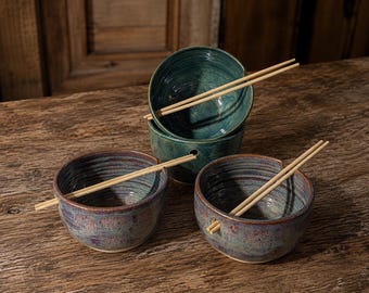 Handmade stoneware ramen, noodle or rice bowls with chopsticks holder slots.