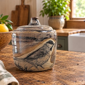 May include: A cylindrical ceramic jar with a lid, featuring a speckled beige and brown glaze. The exterior is decorated with a detailed black ink illustration of a small bird perched on a branch, showcasing textured brushwork.