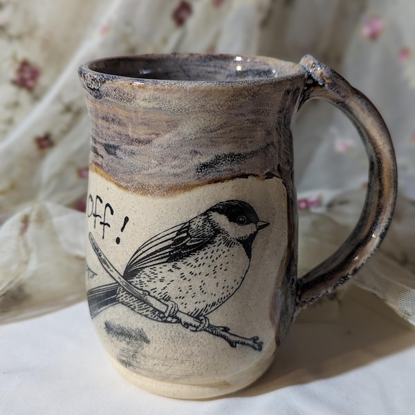 Flock Off  bird mug 16 ounces handmade pottery