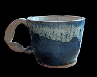 Twisted handle Blue and cream ceramic mug, hand made, wheel thrown stoneware, 16 oz Coffee cup, Tea Cup or any beverage mug! Food safe glaze