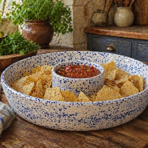 Handmade Stoneware Chip & Dip Bowl | Rustic Serving Bowl with Salsa Center | Farmhouse Entertaining Dish | Pottery Party Platter
