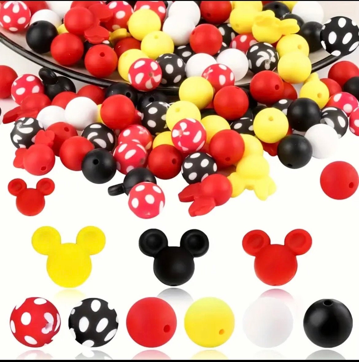 Mickey Mouse heads and beads, Mickey Mouse beads, Mickey Mouse charms for jewelry making. Set includes 3 Mickey Mouse heads and 26 beads