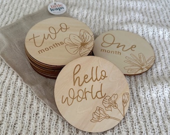 Wooden Baby Milestone Cards – Flower Bouquet 13pc or 14pc Set, Monthly Photo Prop, Baby Shower Keepsake & Newborn Gift, Nursery Decor