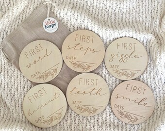 Wooden Baby Milestone Cards – My First 6pc Set, Neutral Keepsake Photo Prop & Baby Shower Gift with Linen Bag