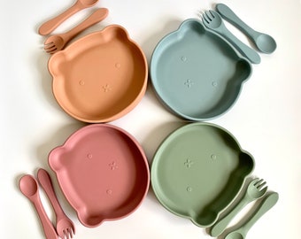 Teddy Bear Silicone Suction Plate and Cutlery Set | Baby Feeding Set for Toddlers | BPA Free Baby Dinnerware | Gift for Baby Shower