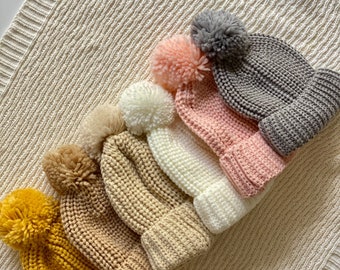 Chunky Knit Pom Pom Beanie for Toddlers, Soft Warm Winter Hat, 12 Months-4 Years+, Cute Photo Prop, Birthday & Gift Idea