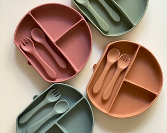 Silicone Divided Suction Plate and Cutlery Set | Baby Led Weaning Feeding Set | Toddler Dinnerware BPA Free | Baby Shower Gift