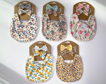 Reversible Baby Bib and Matching Headband Set, 3 Piece Cotton & Nylon, Vintage Floral, Newborn to Toddler, Photo Prop Gift