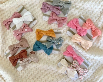 Small Baby Bow Headbands Set, 3 Pack Nylon Hair Bows, Newborn to Toddler, Mix & Match, Photo Prop, Baby Shower Gift