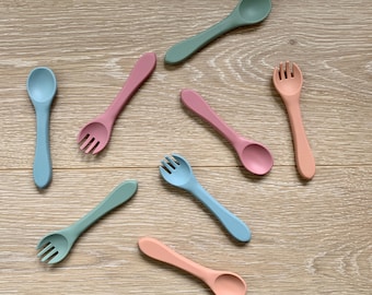 Silicone Toddler Spoon & Fork Set – Safe, Soft, Non-Toxic Cutlery for Self-Feeding, 4 Modern Colours