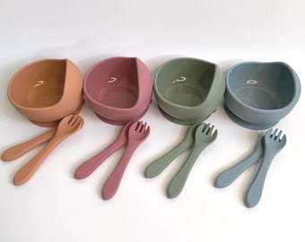 Silicone Suction Bowl and Cutlery Set | Baby Feeding Bowl with Spoon & Fork | Toddler First Foods Self Feeding Set | BPA Free Baby Gift