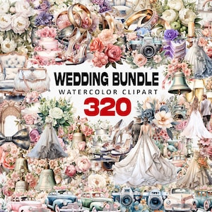 Compre 2 y obtenga 1 gratis: paquete de imágenes prediseñadas de boda en acuarela 320, imágenes prediseñadas de novia y novio, arco de boda, elementos de boda, despedida de soltera