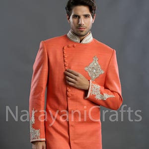 New Collection of Ethnic Traditional Wedding Marriage Stylish Embroidery Work Orange Sherwani for Men.
