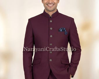 Men's Maroon Jodhpuri Suit Bandhgala Party Wear And Festive Occasions Outfit.