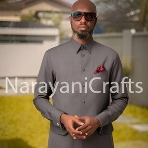Handmade Dark Gray Safari Suit Men s Wedding & Party Wear