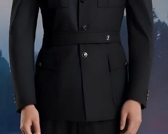 May include: A black suit jacket with a mandarin collar, four front pockets, and a belt. The jacket has a button closure and is made of a smooth fabric.