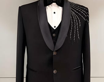 Black Tuxedo for Men, 3 Piece Suit with Silver Shoulder Embroidery, Shawl Lapel Dinner Jacket