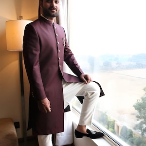 Maroon Sherwani Outfit Stylish Wedding Poshak Custom Fit