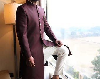 Maroon Sherwani Outfit Stylish Wedding Poshak Custom Fit