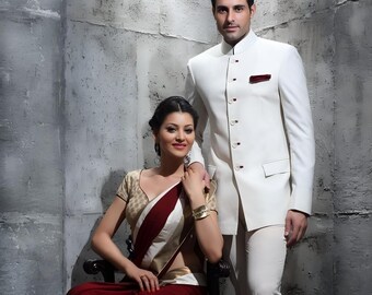 Coleção elegante de ternos Jodhpuri brancos e Bandhgala estilosos para homens, ideais para casamentos e festas.